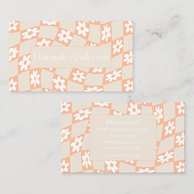 Retro Peach Fuzz Chequered Daisy Business Card (Front/Back)