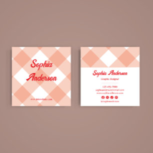 Retro Peach Gingham Pattern Square Business Card