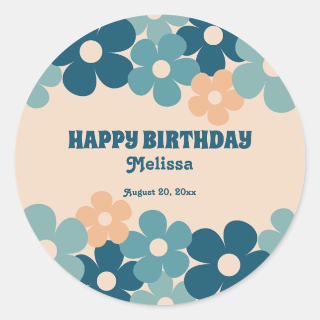 Retro Peach Green Boho Flower 40th Birthday  Classic Round Sticker (Front)