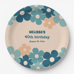Retro Peach Green Boho Flower 40th Birthday Paper Plate