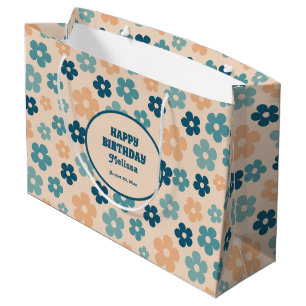 Retro Peach Green Boho Flower Happy Birthday  Large Gift Bag