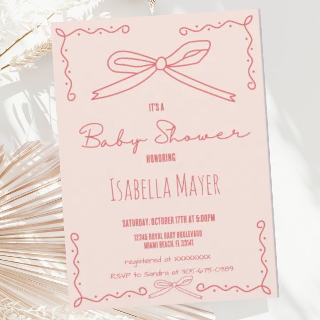 Retro Peach Hand Drawn Bow Baby Shower Invitation (Creator Uploaded)