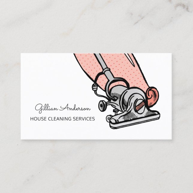 Retro Peach Vacuum Cleaner House Cleaning Services Business Card (Front)