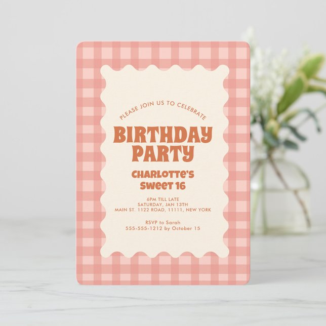 Retro Peachy Chequered Sweet 16 Birthday Party  Invitation (Creator Uploaded)