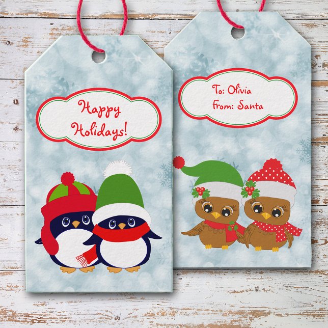 Retro Penguin and Owl Babies Christmas Gift Tags (Creator Uploaded)