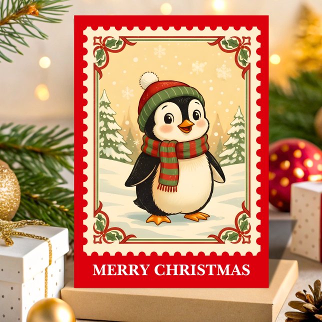 Retro Penguin Christmas Postage Stamp Holiday Card (Creator Uploaded)