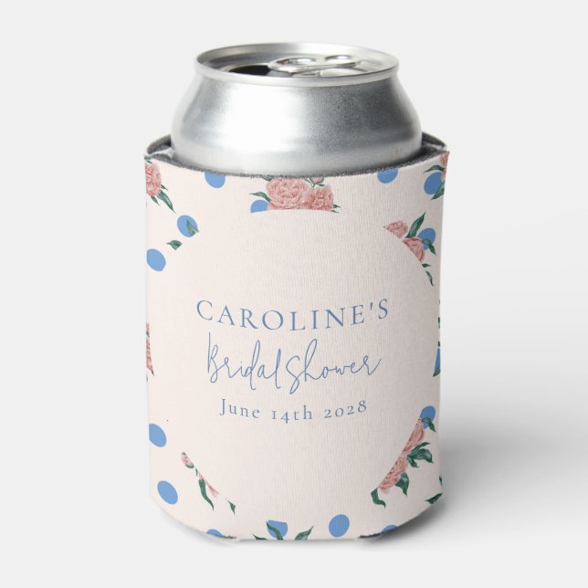 Retro Peony Floral Blue Dots Bridal Shower Custom Can Cooler (Can Front)