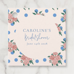 Retro Peony Floral Blue Dots Bridal Shower Custom Favour Tags