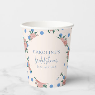 Retro Peony Floral Blue Dots Bridal Shower Custom Paper Cups