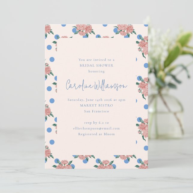 Retro Peony Floral Garden Blue Dots Bridal Shower  Invitation (Standing Front)