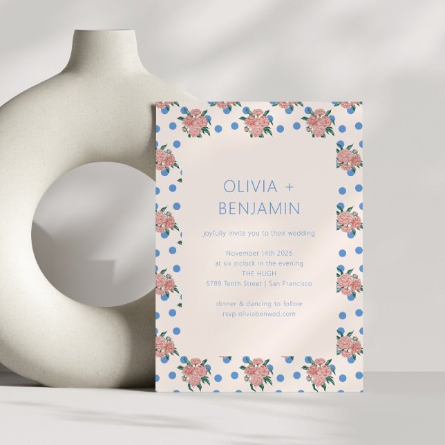 Retro Peony Floral Garden Blue Dots Wedding Invitation (Creator Uploaded)