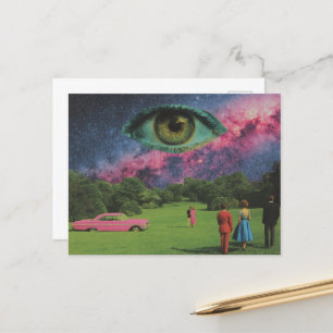 Retro People and Pink Car with Eye in Sky Surreal Postcard