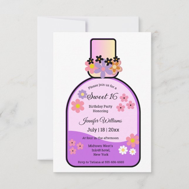 retro perfume sweet 16 pink glitters floral simple invitation (Front)