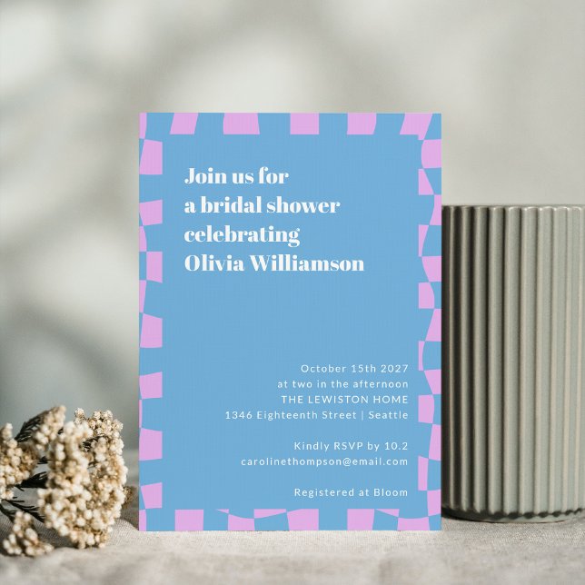 Retro Periwinkle Chequerboard Cute Bridal Shower Invitation (Creator Uploaded)