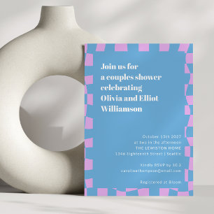 Retro Periwinkle Chequerboard Cute Couples Shower Invitation