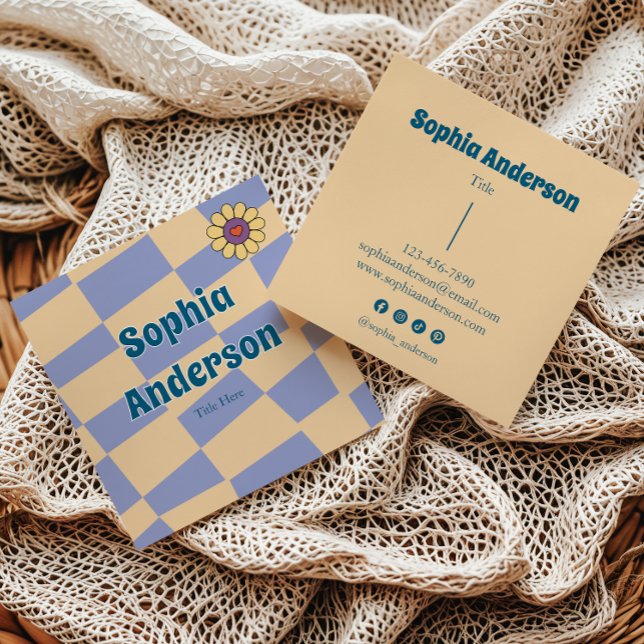 Retro Periwinkle Chequerboard with Daisy Flower Square Business Card (Creator Uploaded)