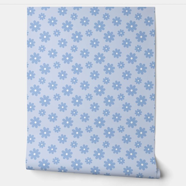 Retro Periwinkle Daisies Floral Nursery Wallpaper (Unrolling)