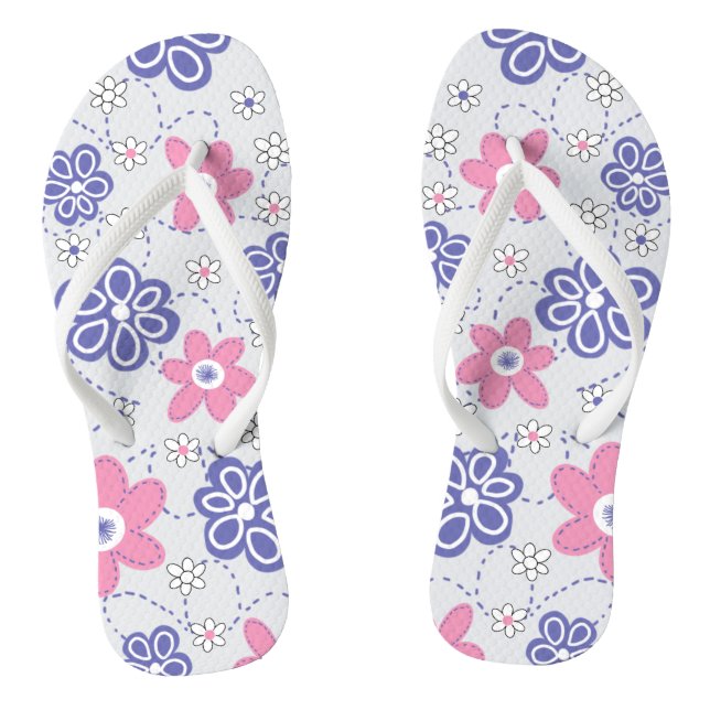 Retro Periwinkle Pink Flowers Flip Flops (Footbed)
