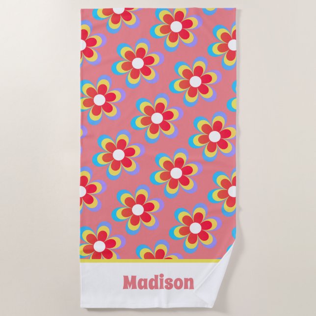 Retro Personalised 70s Flowers Beach Towel (Front)
