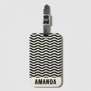 Retro Personalised Abstract Wavy Lines Black Luggage Tag