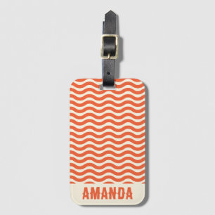 Retro Personalised Abstract Wavy Lines Orange Luggage Tag