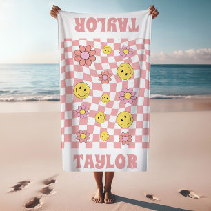 RETRO Personalised Beach Towel Name Happy Face 