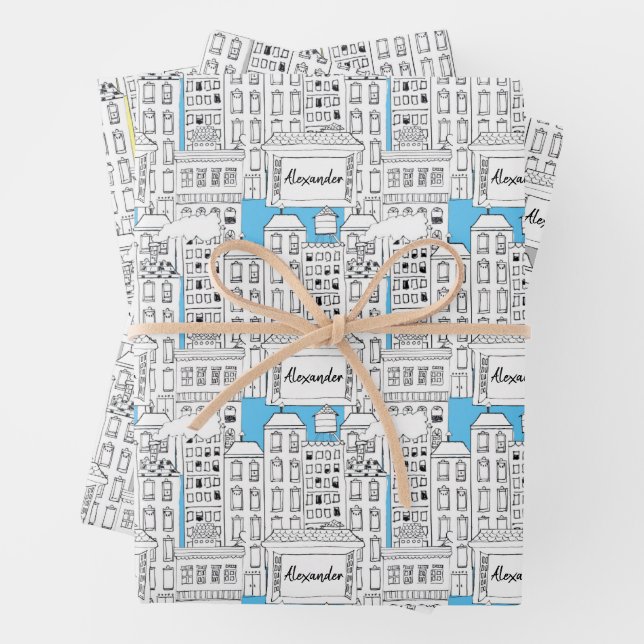 Retro Personalised City Buildings Cute Hand-Drawn Wrapping Paper Sheet (In situ)