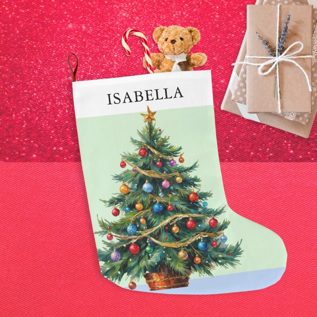 Retro Personalised Festive Xmas Tree Large Christmas Stocking (A personalized Christmas stocking, with picture of a decorative Christmas tree on both sides)