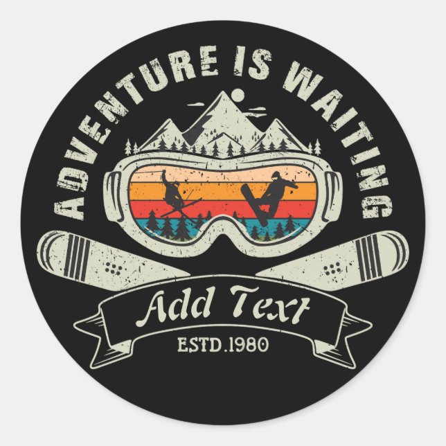 Retro Personalised Ski Adventure Classic Round Sticker (Front)