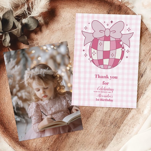 Retro Photo Cute Pink Bow Coquette 1st Birthday Thank You Card (Creator Uploaded)