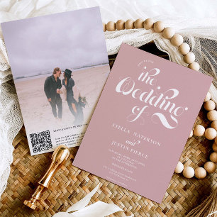 Retro photo dusty rose script wedding Qr code Invitation