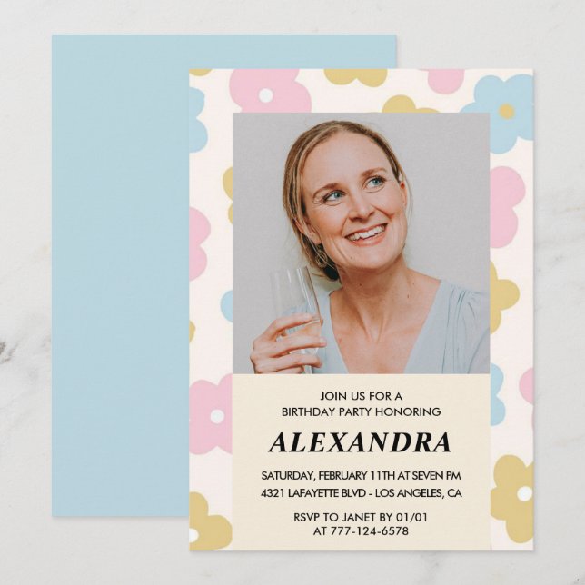 Retro Photo Floral Pattern 49th birthday Invitation (Front/Back)