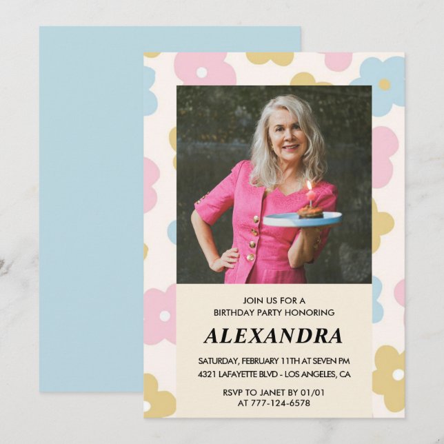 Retro Photo Floral Pattern 72nd birthday Invitation (Front/Back)
