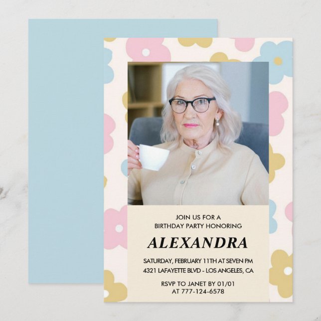 Retro Photo Floral Pattern 96th birthday Invitation (Front/Back)