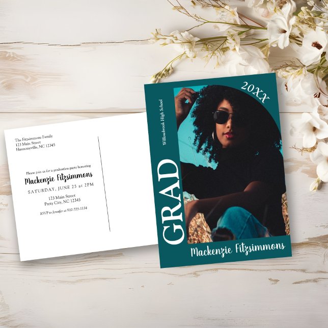 Retro Photo Graduation Invitation Postcard (Teal Green Retro Photo Graduation Invitation Postcard)