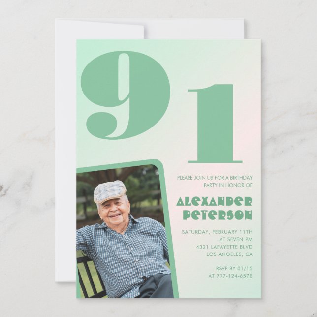 Retro Photo Green Gradient Man 91st birthday  Invitation (Front)