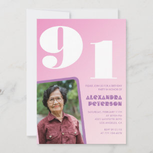Retro Photo Pink 91st birthday Invitation