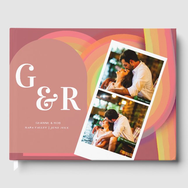 Retro photo Seventies Stripes Wedding Invitation Guest Book (Front)