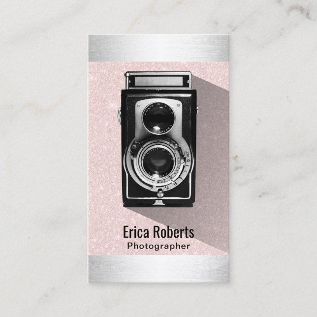 Retro Photographer Camera Blush Pink Photography Business Card (Front)