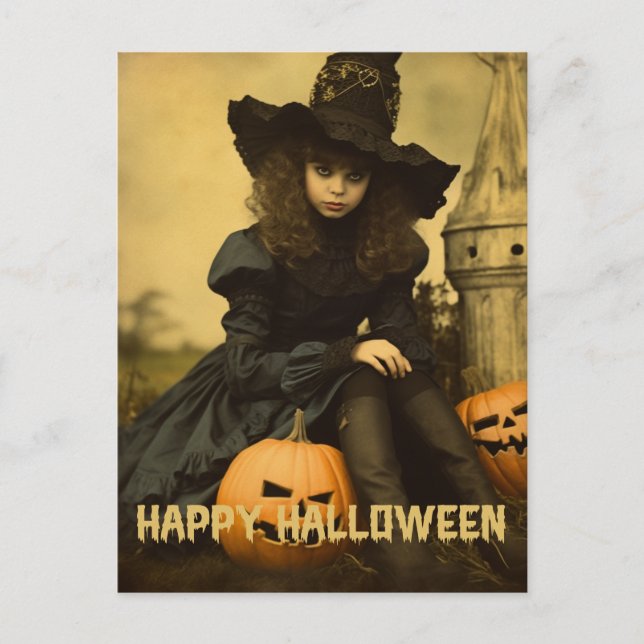Retro Photography Halloween cute bad witch girl Postcard (Front)