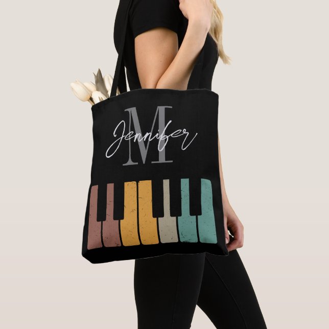 Retro Piano Monogram Name Personalised Tote Bag (Close Up)