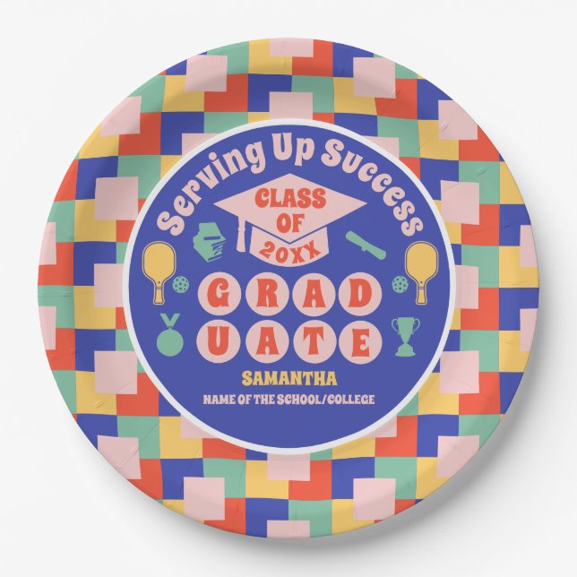 Retro Pickleball Graduation Party Paper Plate (Front)