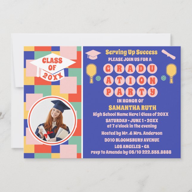 Retro Pickleball Graduation Party Photo Invitation (Front)