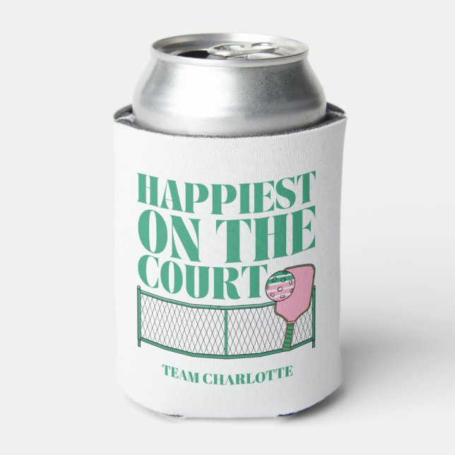 Retro Pickleball Happiest On The Court Birthday Can Cooler (Can Front)