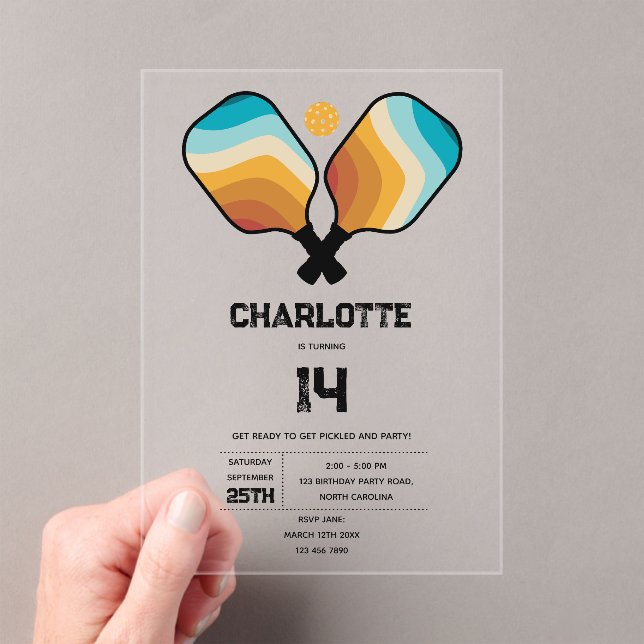 Retro Pickleball Paddles & Ball Birthday Party Acrylic Invitations (Insitu (Handheld))