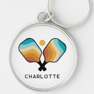 Retro Pickleball Paddles & Ball Custom Name Key Ring