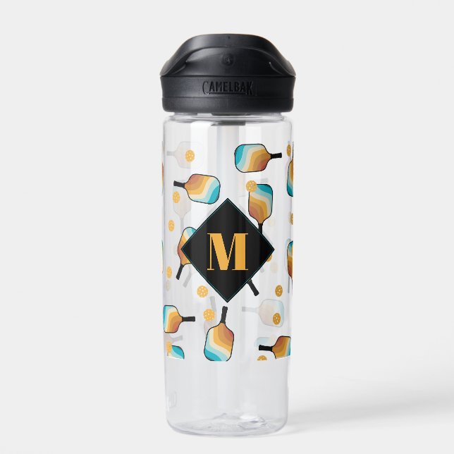 Retro Pickleball Paddles & Ball Pattern Monogram Water Bottle (Back)