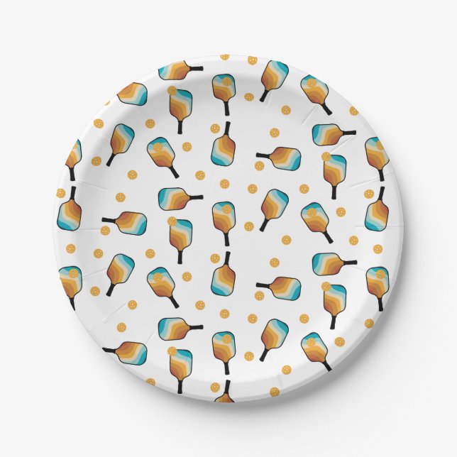 Retro Pickleball Paddles & Ball Pattern Paper Plate (Front)