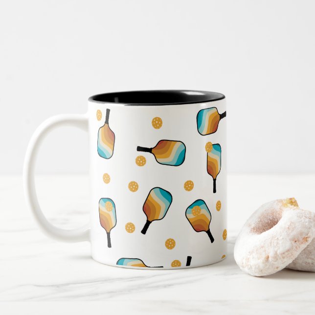 Retro Pickleball Paddles & Ball Pattern Two-Tone Coffee Mug (With Donut)