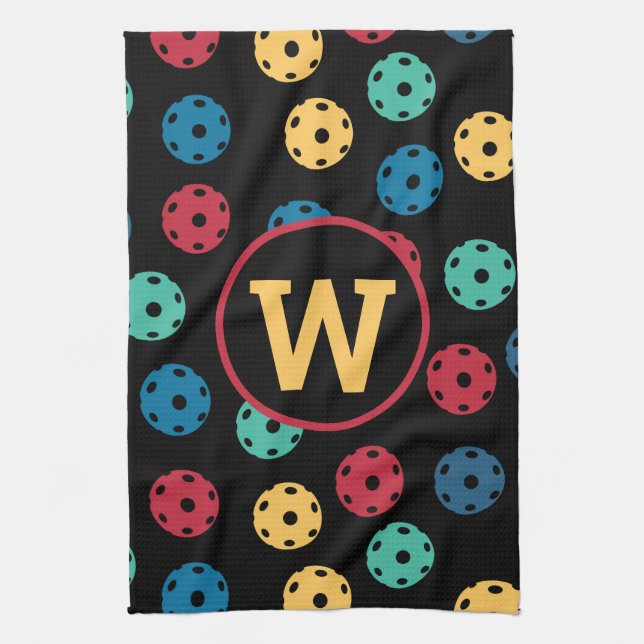  😍 Retro Pickleballs / black with initial  Tea Towel (Vertical)